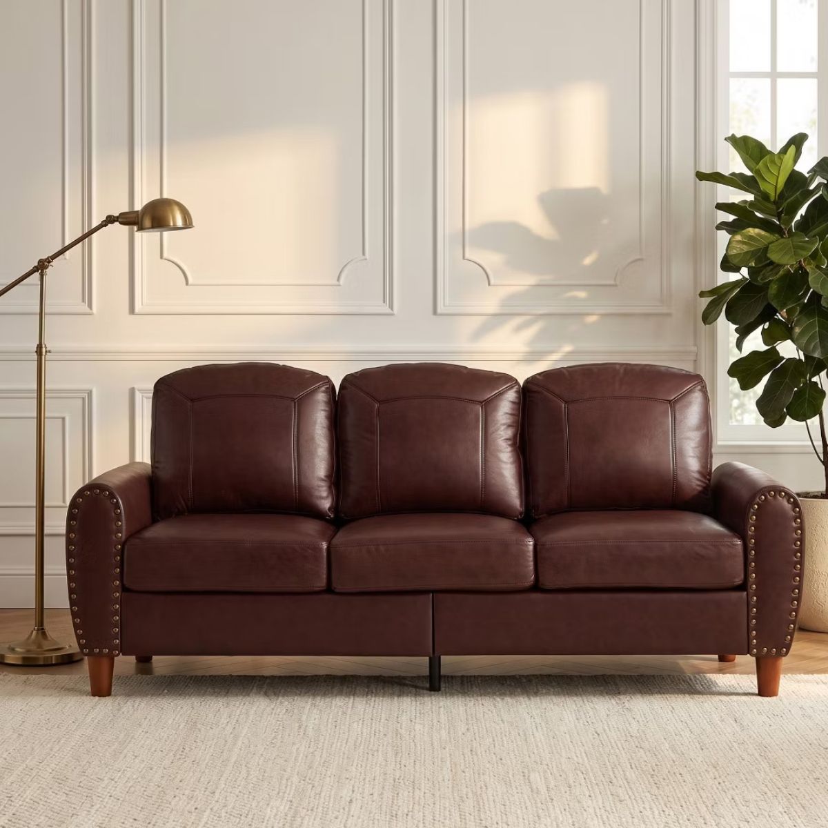 81.5-Inch Mid-Century Faux Leather Sofa with Rolled Arms, 900-Lb Capacity