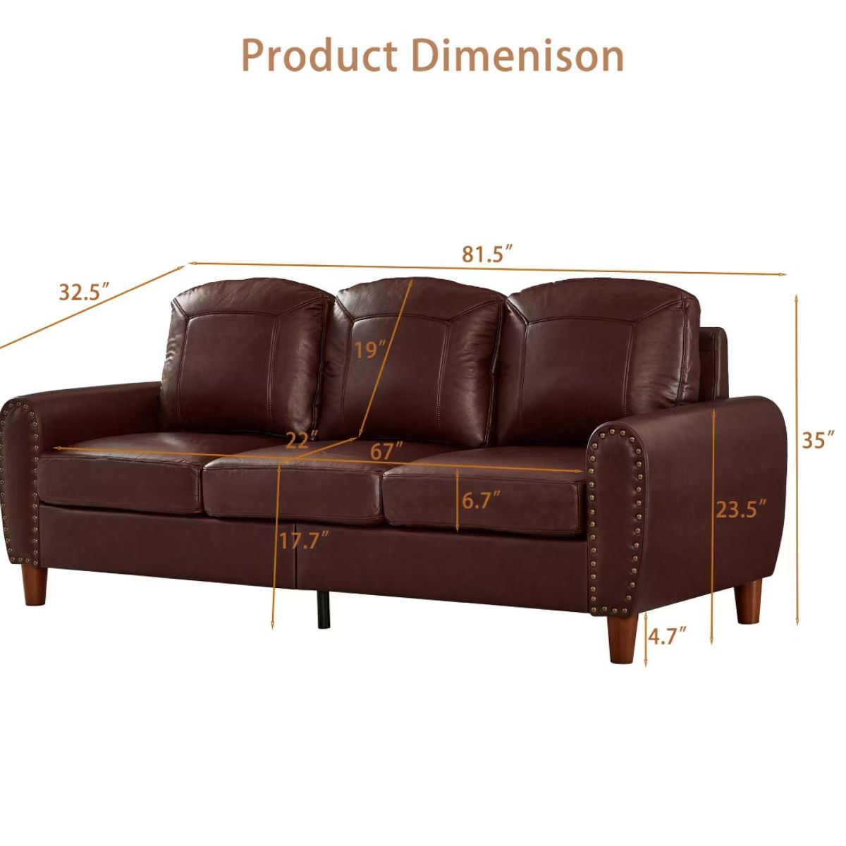 81.5-Inch Mid-Century Faux Leather Sofa with Rolled Arms, 900-Lb Capacity