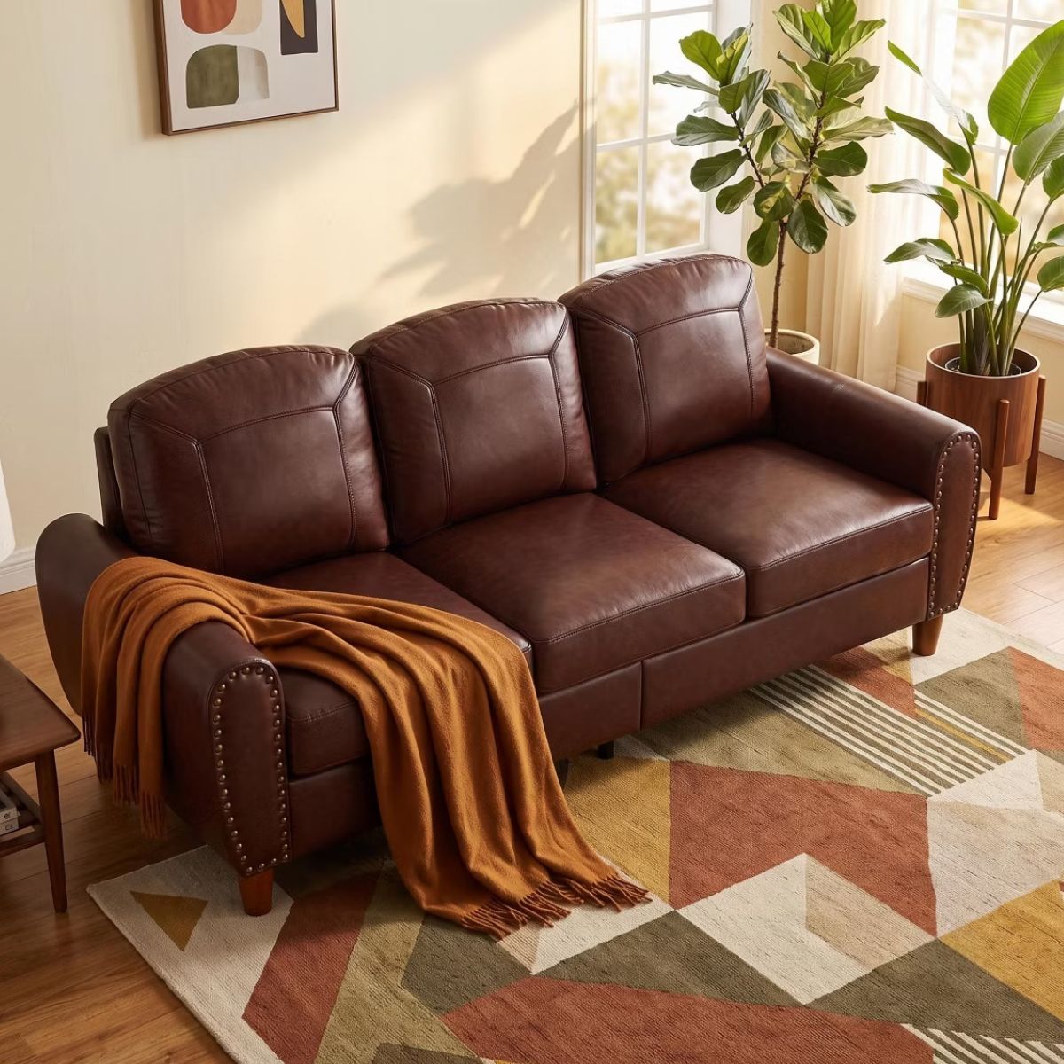 81.5-Inch Mid-Century Faux Leather Sofa with Rolled Arms, 900-Lb Capacity
