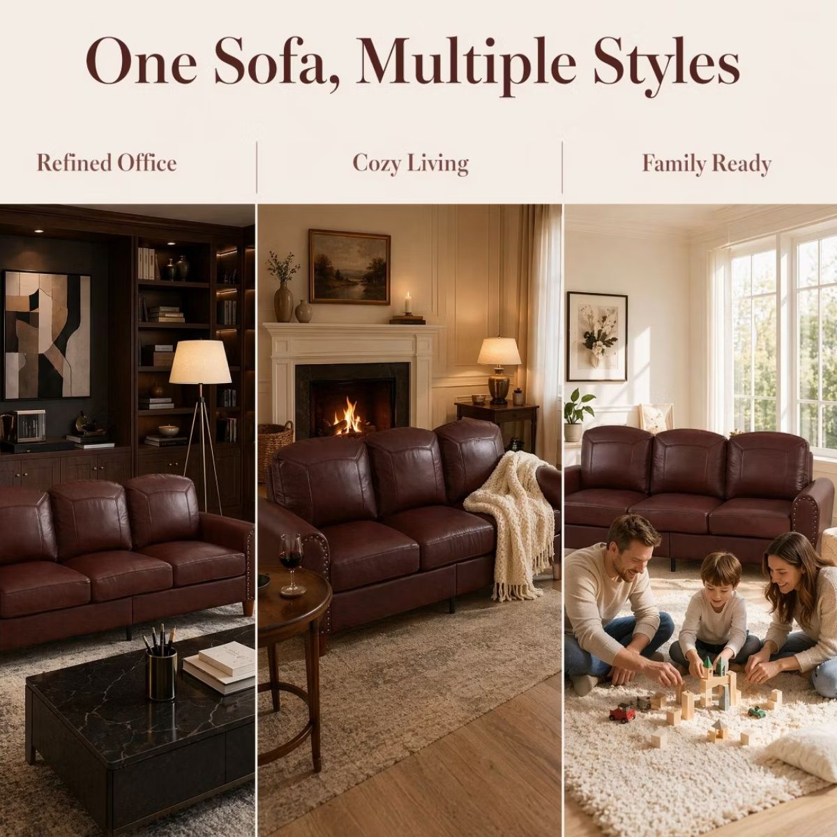 81.5-Inch Mid-Century Faux Leather Sofa with Rolled Arms, 900-Lb Capacity