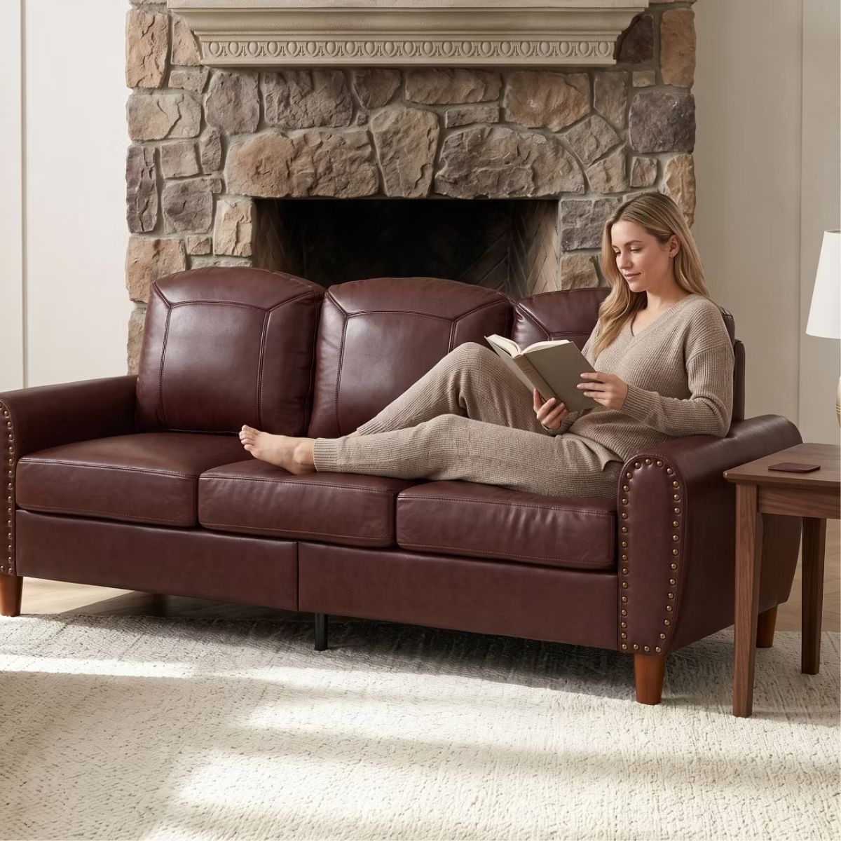 81.5-Inch Mid-Century Faux Leather Sofa with Rolled Arms, 900-Lb Capacity