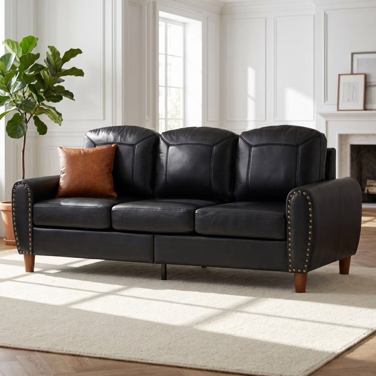 81.5-Inch Mid-Century Faux Leather Sofa with Rolled Arms, 900-Lb Capacity