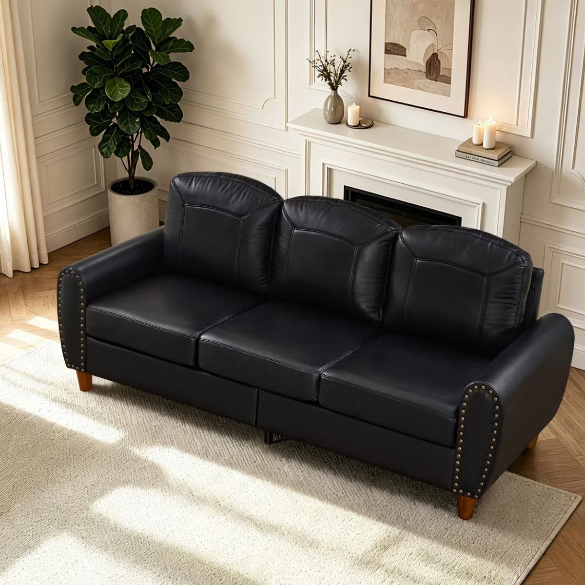 81.5-Inch Mid-Century Faux Leather Sofa with Rolled Arms, 900-Lb Capacity