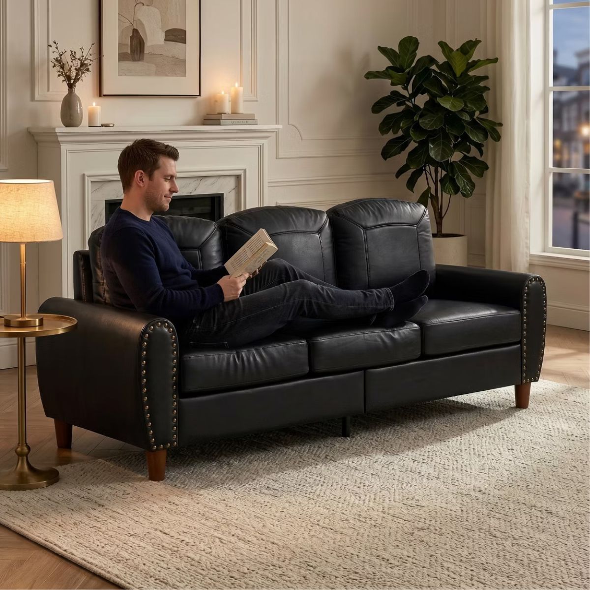 81.5-Inch Mid-Century Faux Leather Sofa with Rolled Arms, 900-Lb Capacity