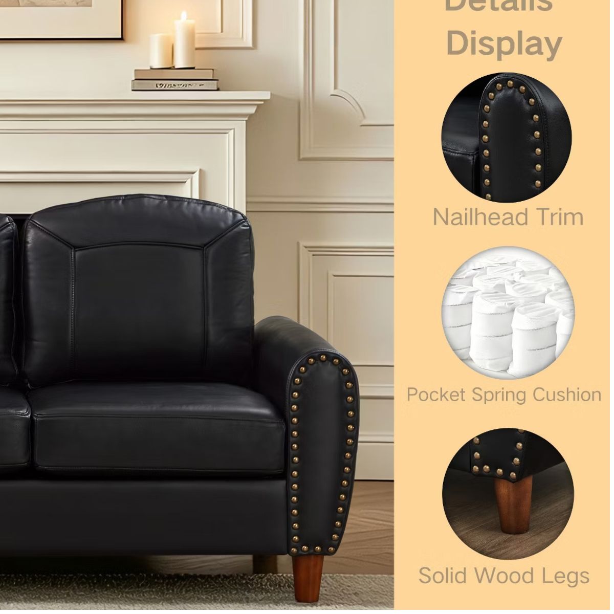 81.5-Inch Mid-Century Faux Leather Sofa with Rolled Arms, 900-Lb Capacity