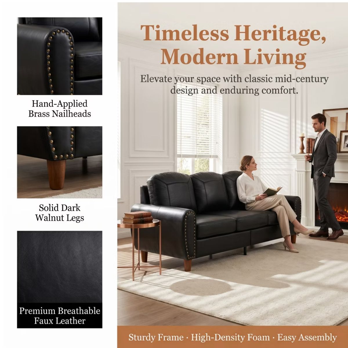 81.5-Inch Mid-Century Faux Leather Sofa with Rolled Arms, 900-Lb Capacity