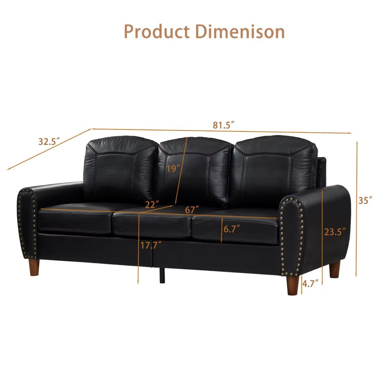 81.5-Inch Mid-Century Faux Leather Sofa with Rolled Arms, 900-Lb Capacity