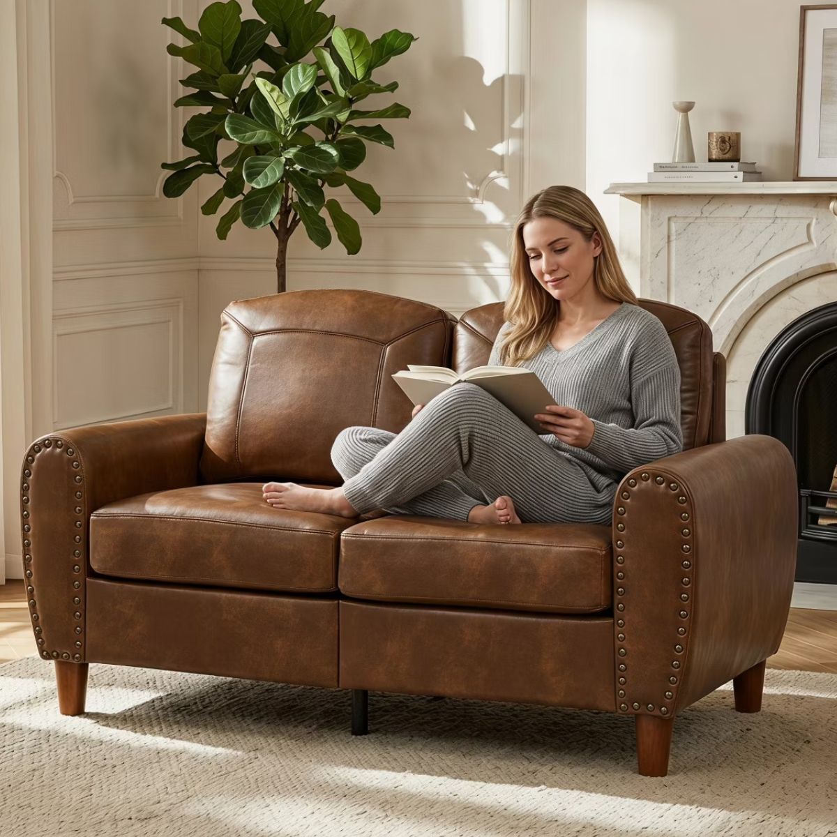 59" Loveseat Sofa with Faux Leather, Rolled Arms & Mid-Century Style