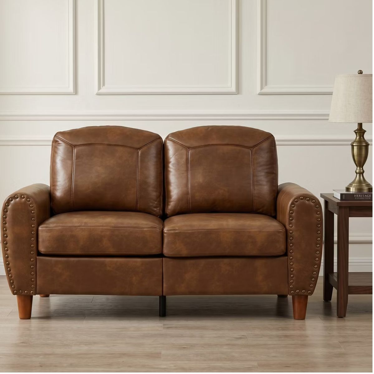 59" Loveseat Sofa with Faux Leather, Rolled Arms & Mid-Century Style