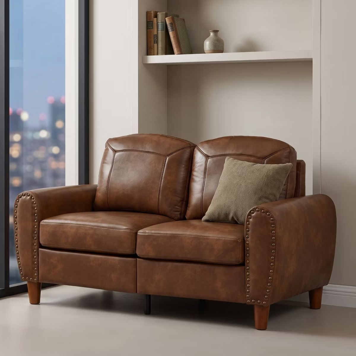 59" Loveseat Sofa with Faux Leather, Rolled Arms & Mid-Century Style