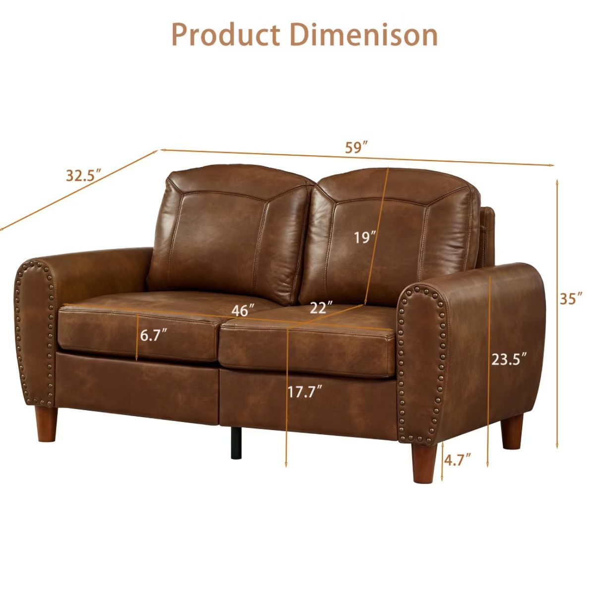 59" Loveseat Sofa with Faux Leather, Rolled Arms & Mid-Century Style