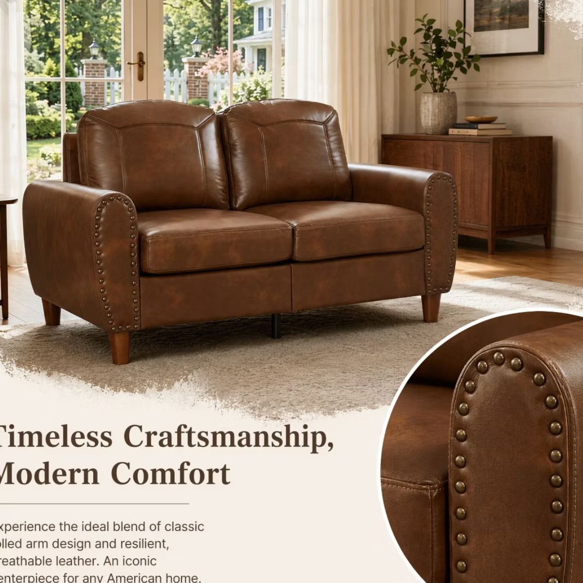 59" Loveseat Sofa with Faux Leather, Rolled Arms & Mid-Century Style