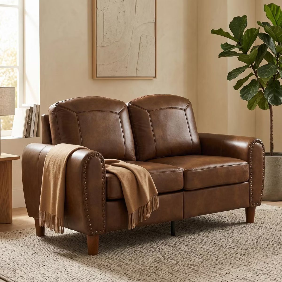 59" Loveseat Sofa with Faux Leather, Rolled Arms & Mid-Century Style