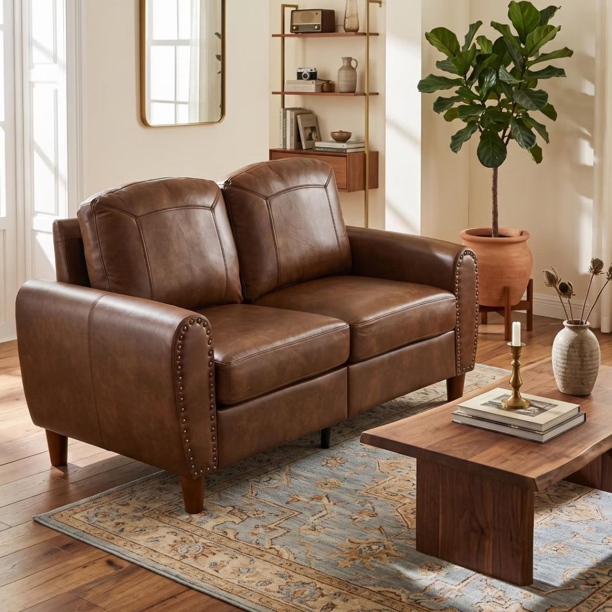 59" Loveseat Sofa with Faux Leather, Rolled Arms & Mid-Century Style