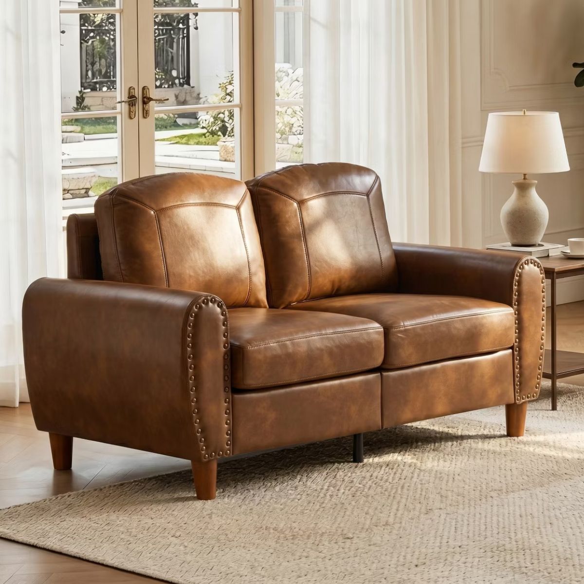 59" Loveseat Sofa with Faux Leather, Rolled Arms & Mid-Century Style