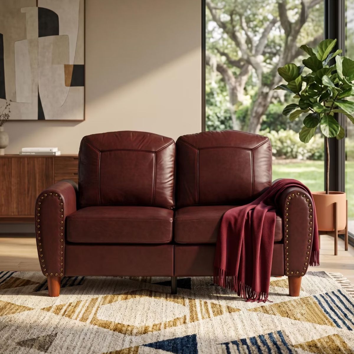 59" Loveseat Sofa with Faux Leather, Rolled Arms & Mid-Century Style