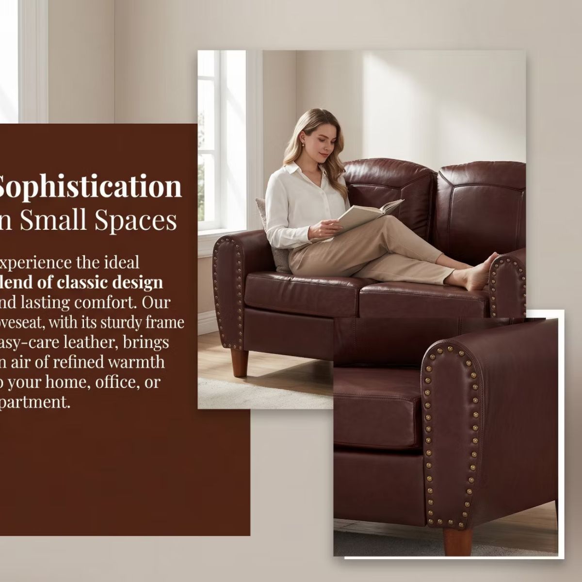 59" Loveseat Sofa with Faux Leather, Rolled Arms & Mid-Century Style