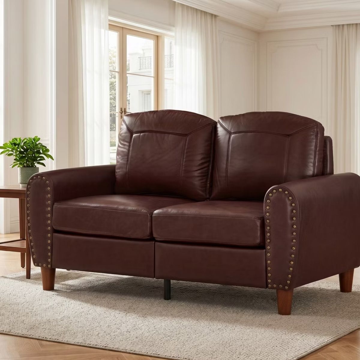 59" Loveseat Sofa with Faux Leather, Rolled Arms & Mid-Century Style