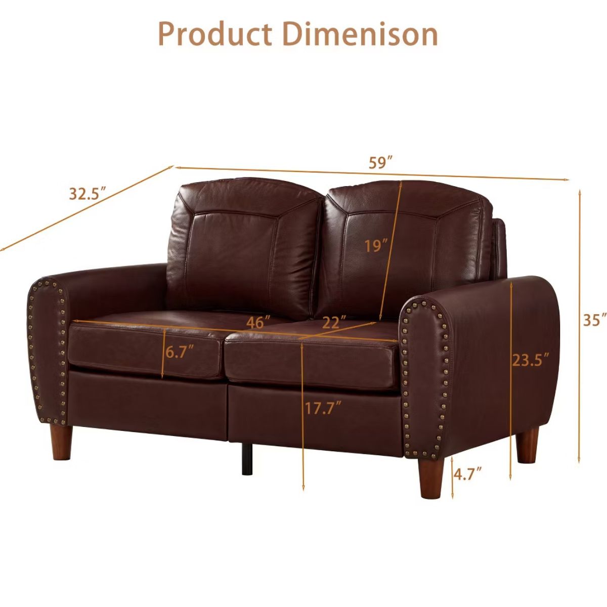 59" Loveseat Sofa with Faux Leather, Rolled Arms & Mid-Century Style