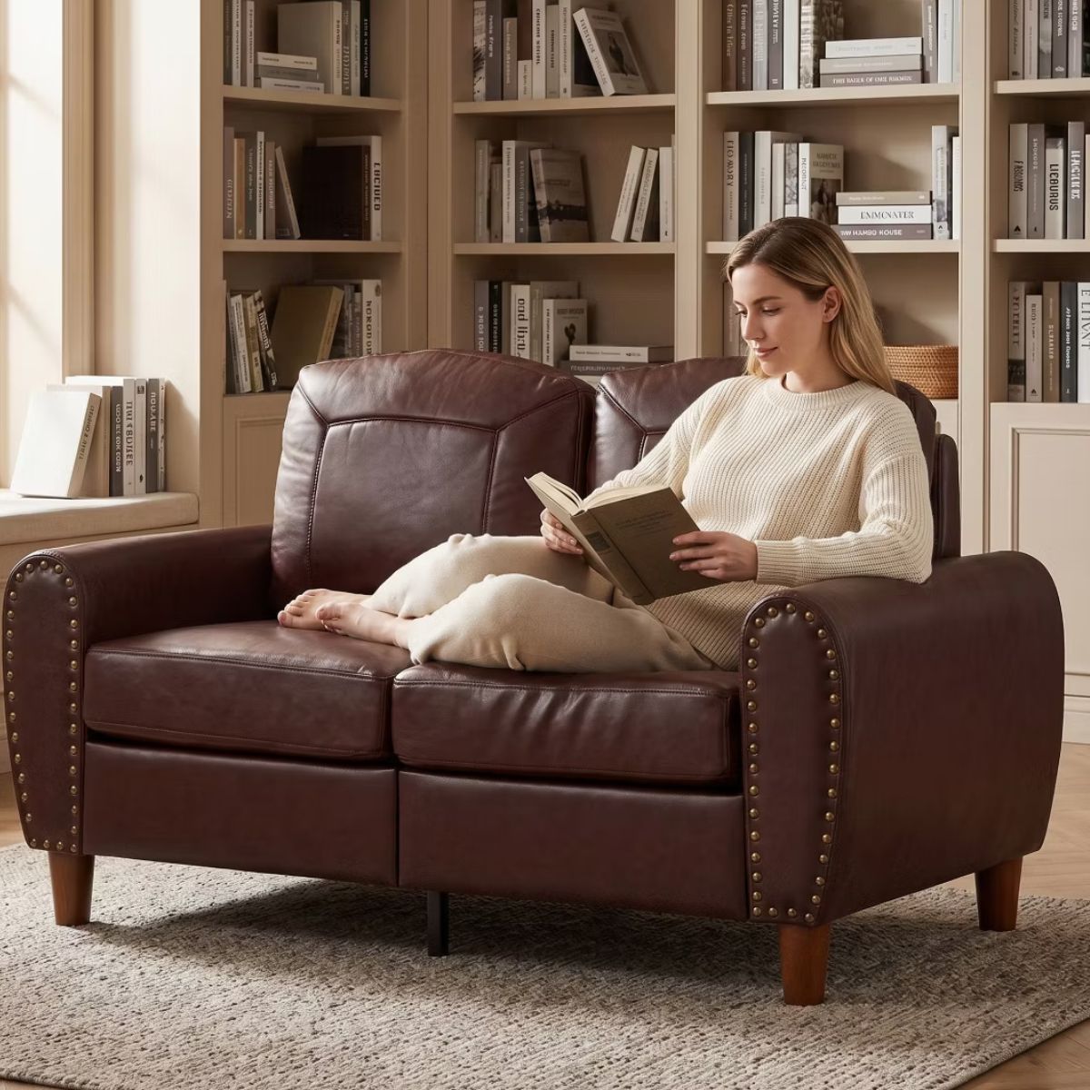 59" Loveseat Sofa with Faux Leather, Rolled Arms & Mid-Century Style