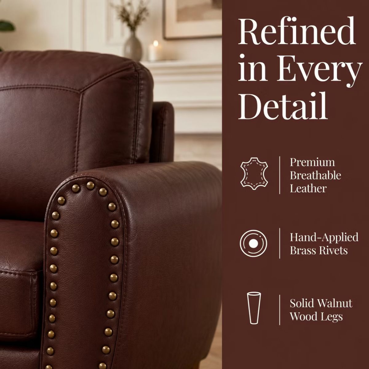 59" Loveseat Sofa with Faux Leather, Rolled Arms & Mid-Century Style