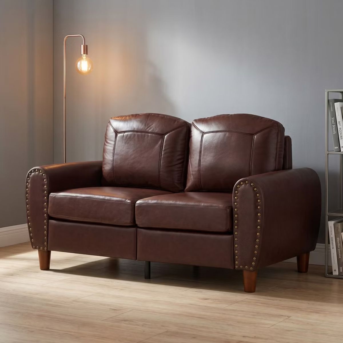 59" Loveseat Sofa with Faux Leather, Rolled Arms & Mid-Century Style