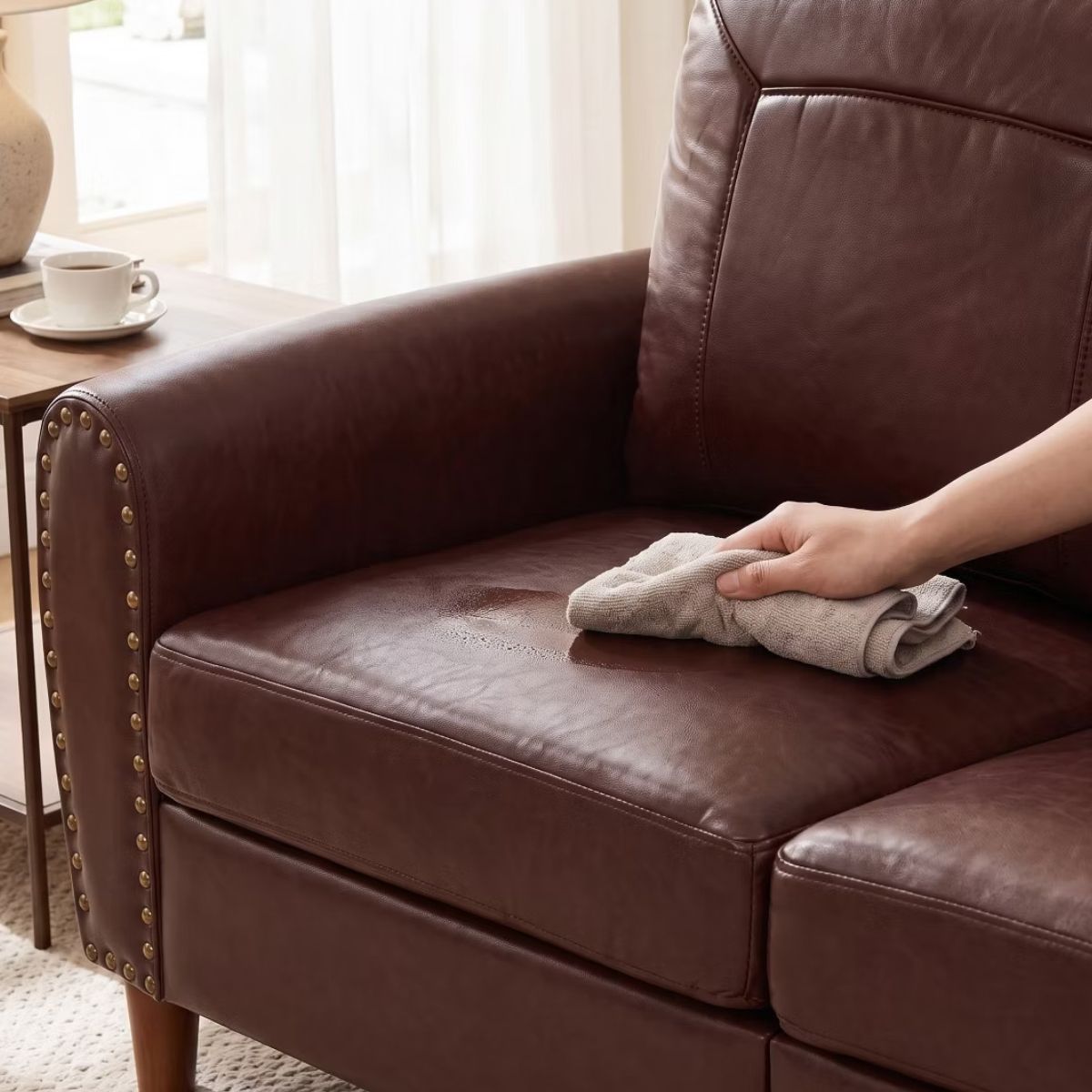 59" Loveseat Sofa with Faux Leather, Rolled Arms & Mid-Century Style