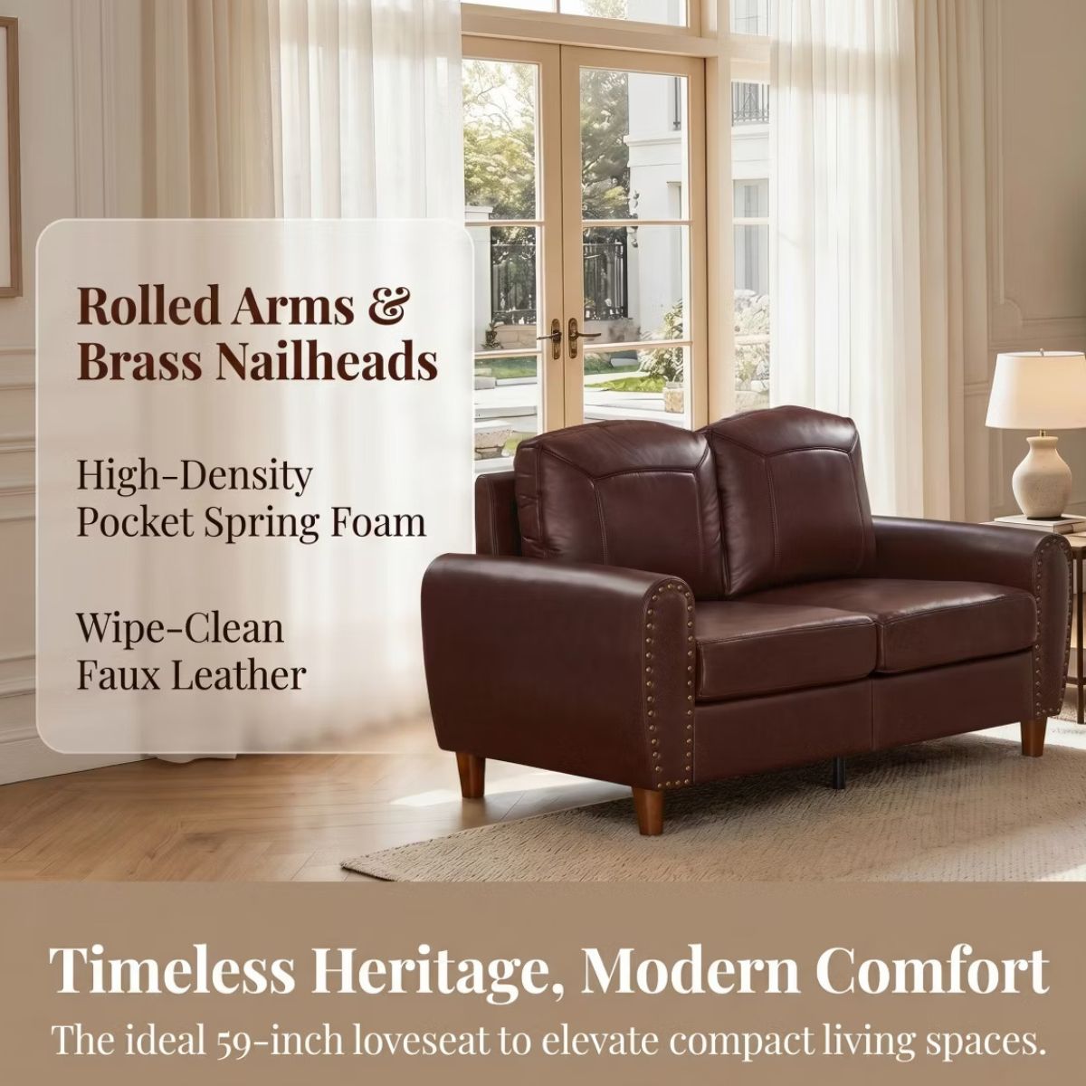59" Loveseat Sofa with Faux Leather, Rolled Arms & Mid-Century Style