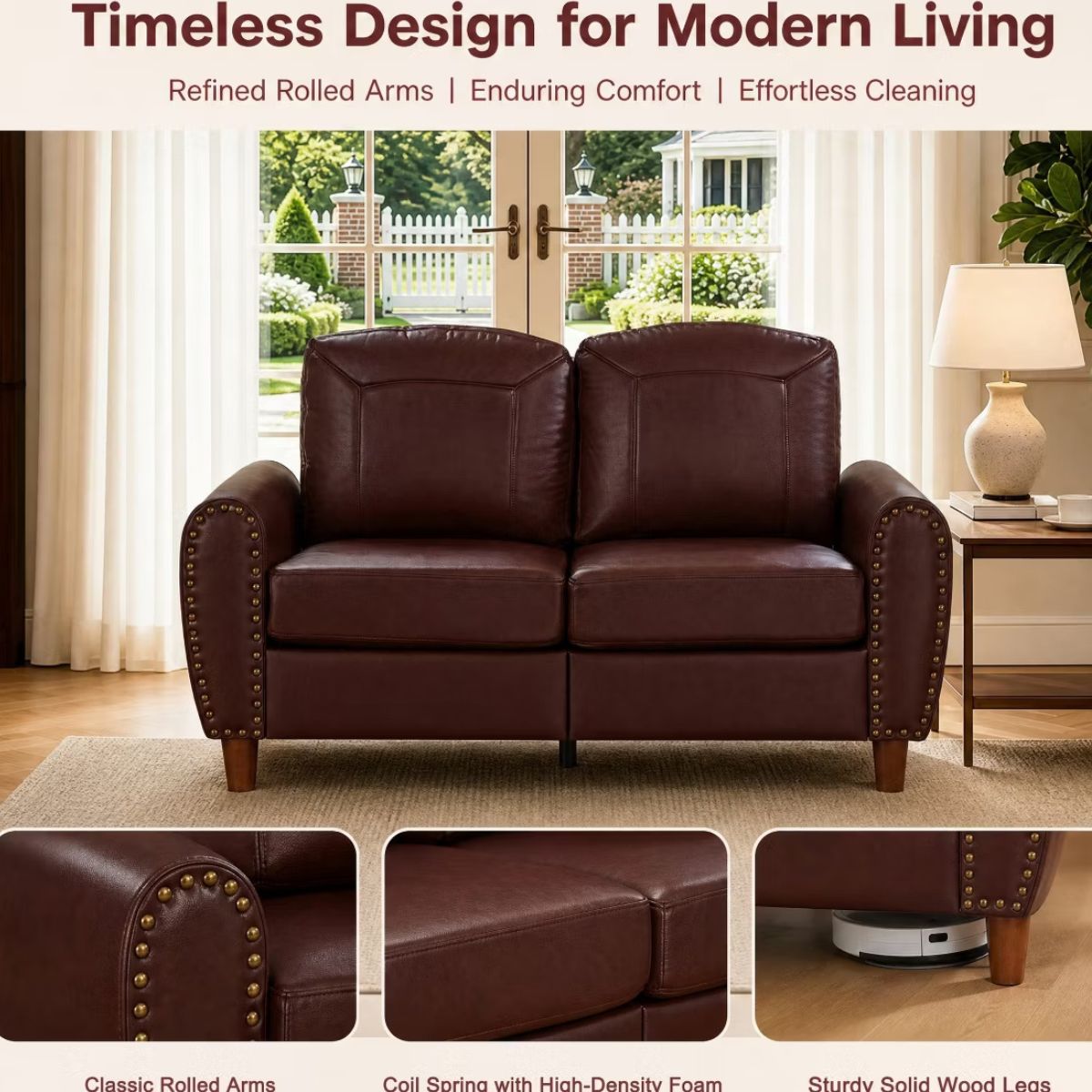 59" Loveseat Sofa with Faux Leather, Rolled Arms & Mid-Century Style