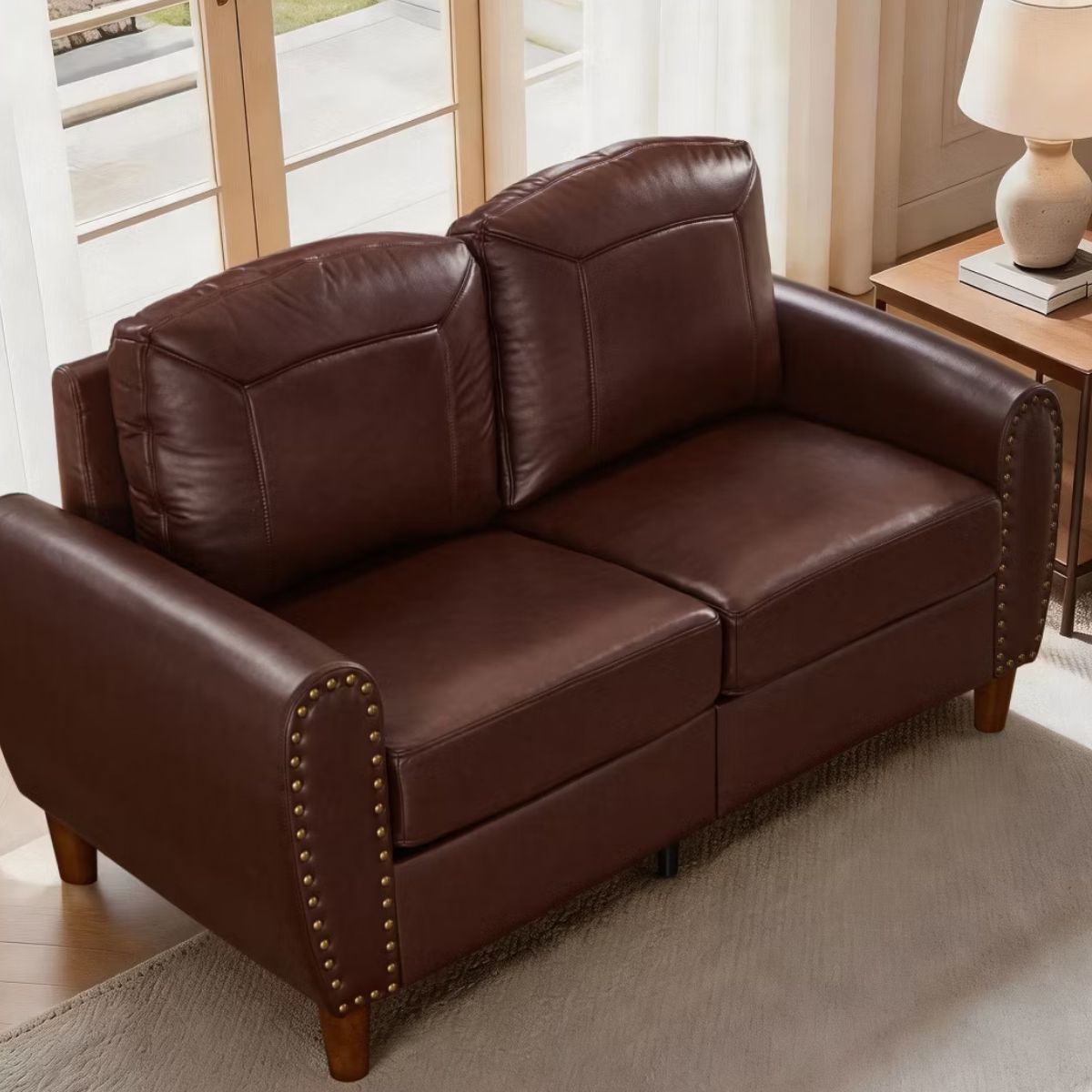 59" Loveseat Sofa with Faux Leather, Rolled Arms & Mid-Century Style