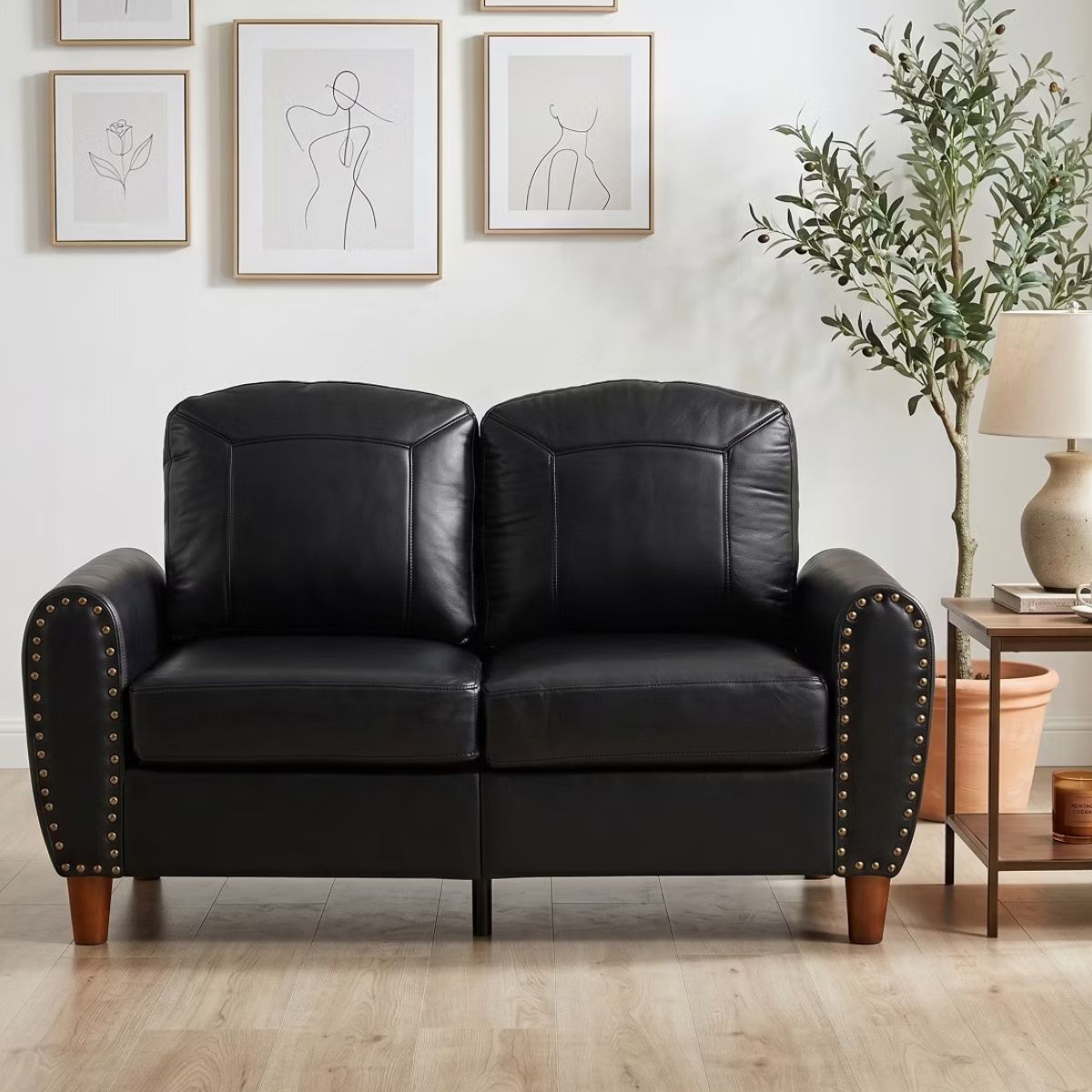 59" Loveseat Sofa with Faux Leather, Rolled Arms & Mid-Century Style