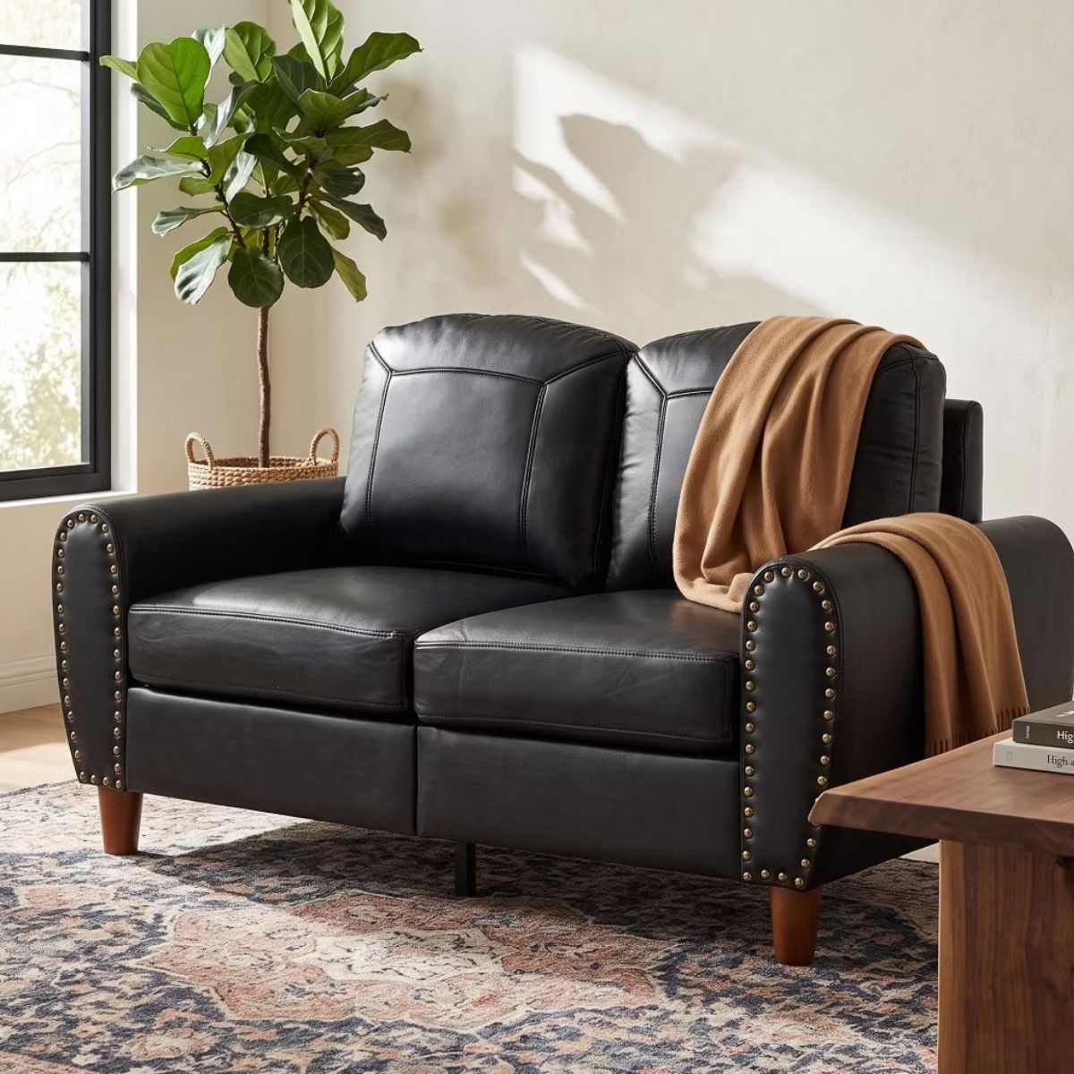 59" Loveseat Sofa with Faux Leather, Rolled Arms & Mid-Century Style