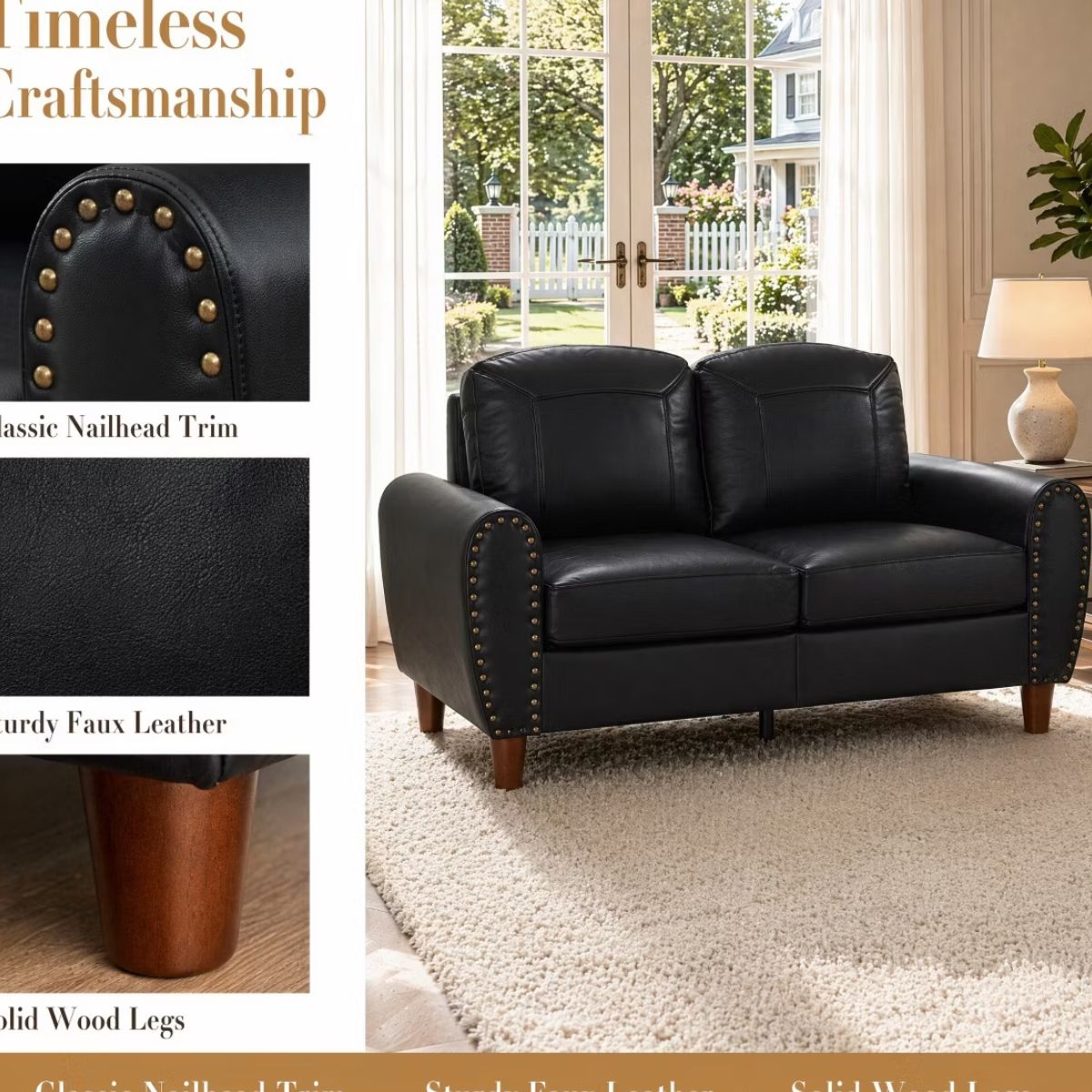 59" Loveseat Sofa with Faux Leather, Rolled Arms & Mid-Century Style