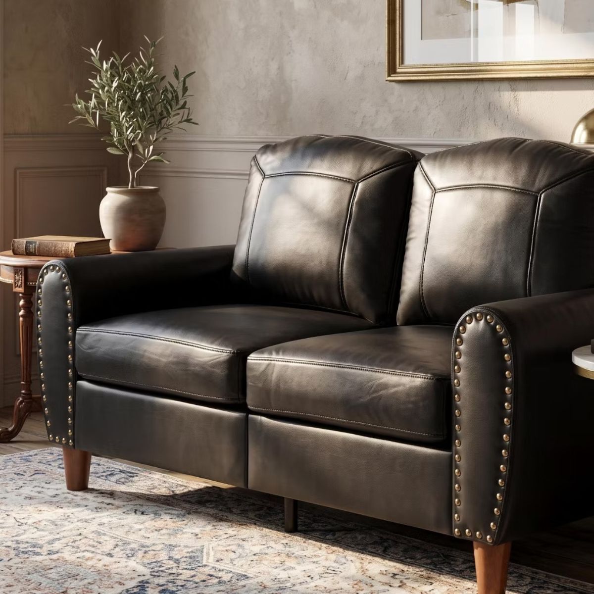 59" Loveseat Sofa with Faux Leather, Rolled Arms & Mid-Century Style