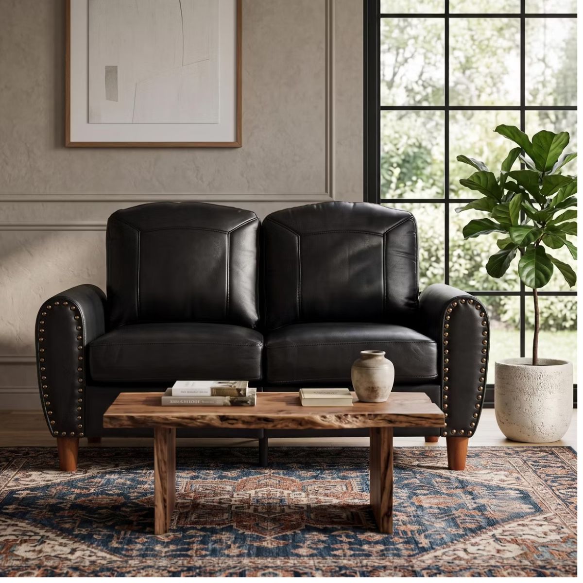 59" Loveseat Sofa with Faux Leather, Rolled Arms & Mid-Century Style