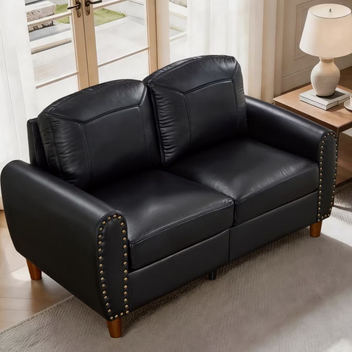 59" Loveseat Sofa with Faux Leather, Rolled Arms & Mid-Century Style