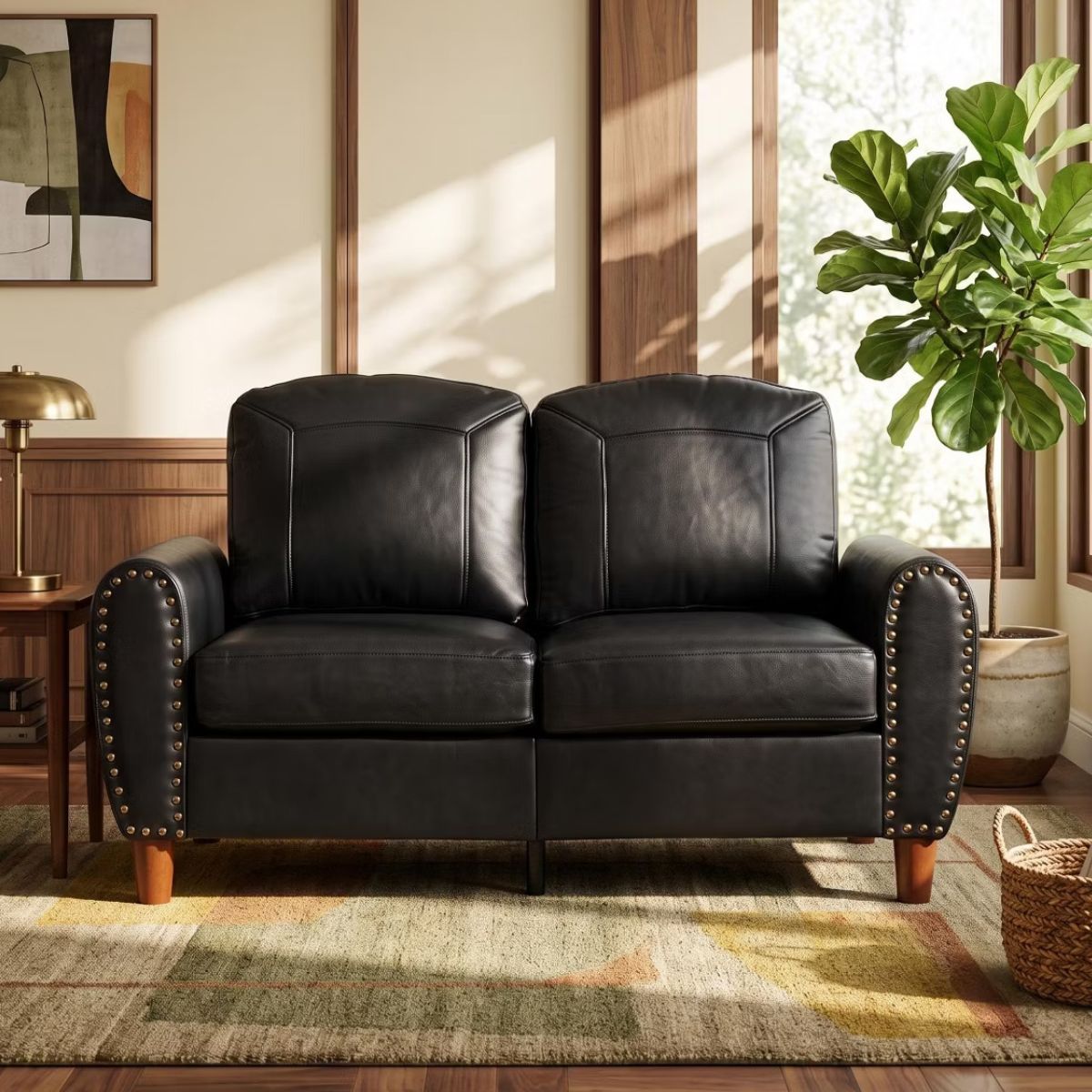 59" Loveseat Sofa with Faux Leather, Rolled Arms & Mid-Century Style