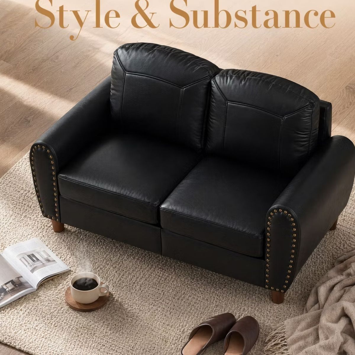 59" Loveseat Sofa with Faux Leather, Rolled Arms & Mid-Century Style