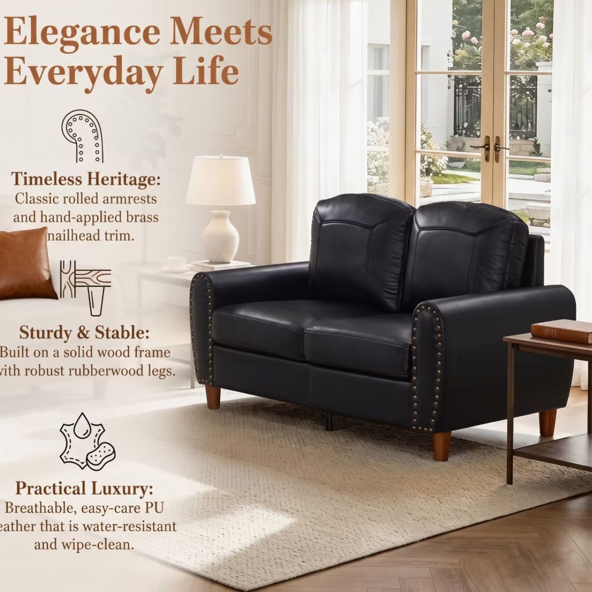 59" Loveseat Sofa with Faux Leather, Rolled Arms & Mid-Century Style