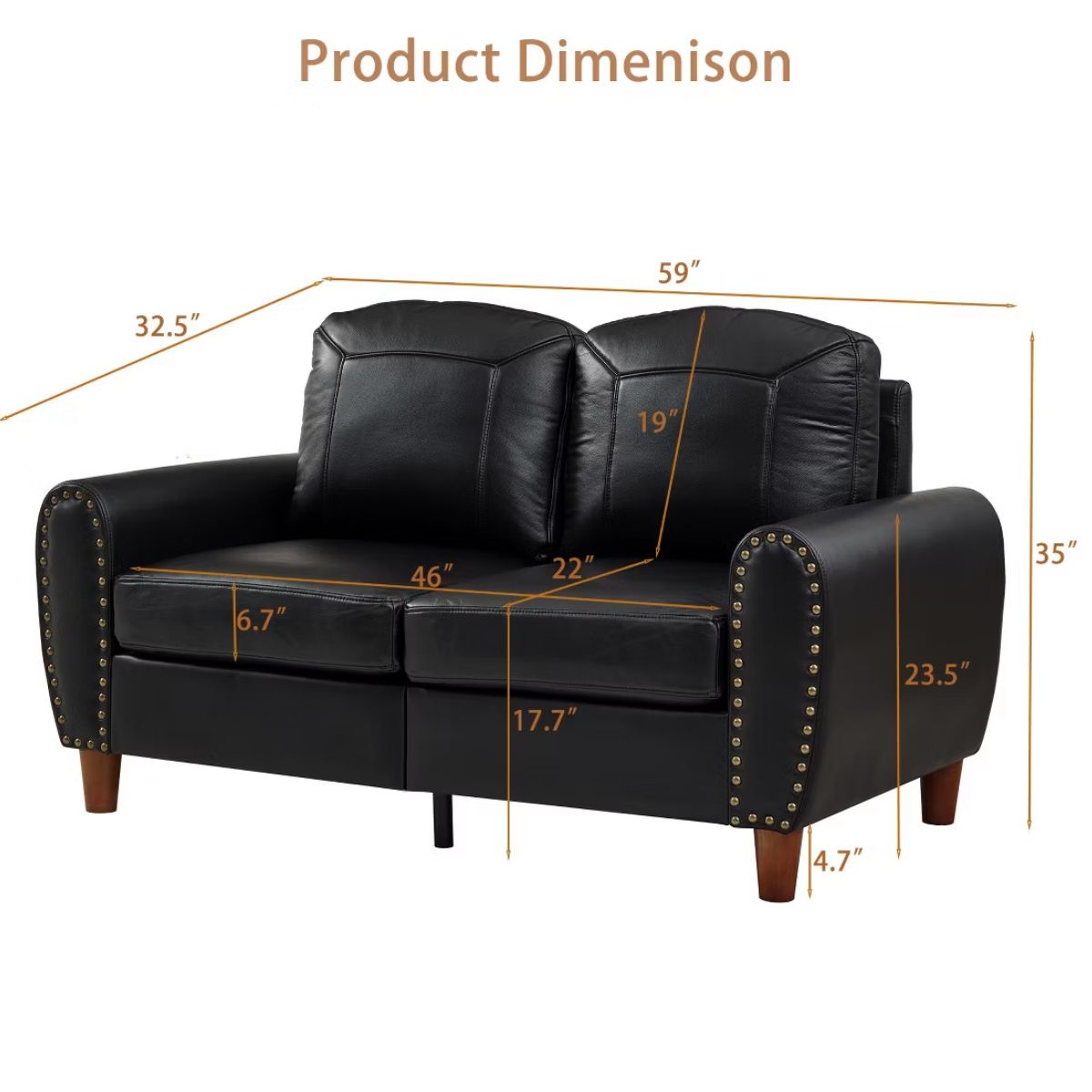 59" Loveseat Sofa with Faux Leather, Rolled Arms & Mid-Century Style