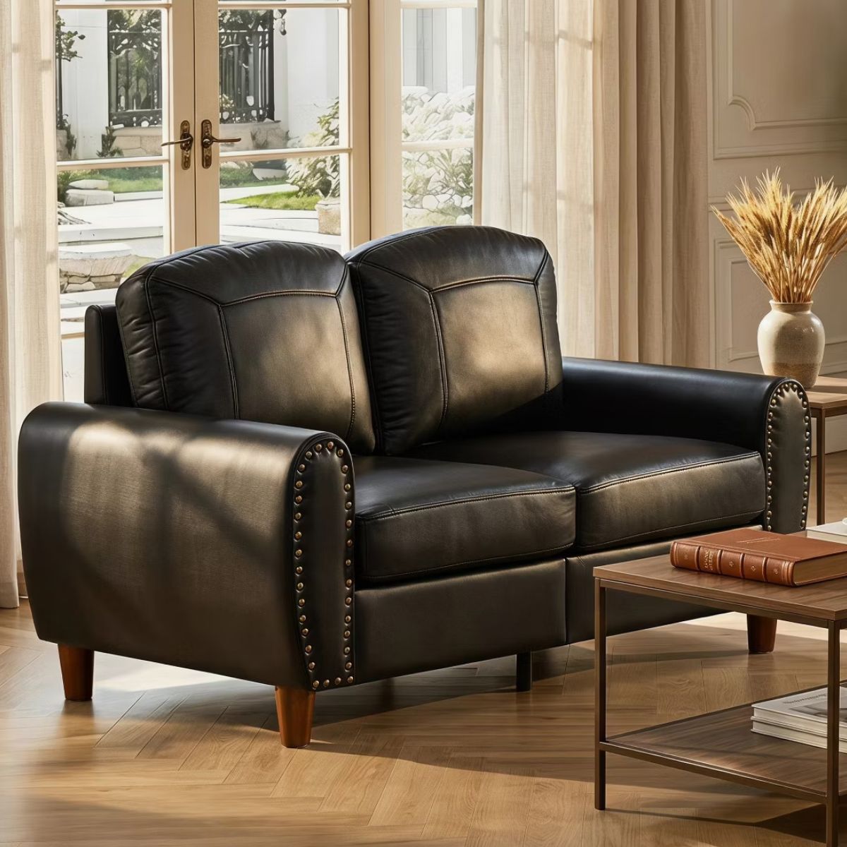 59" Loveseat Sofa with Faux Leather, Rolled Arms & Mid-Century Style