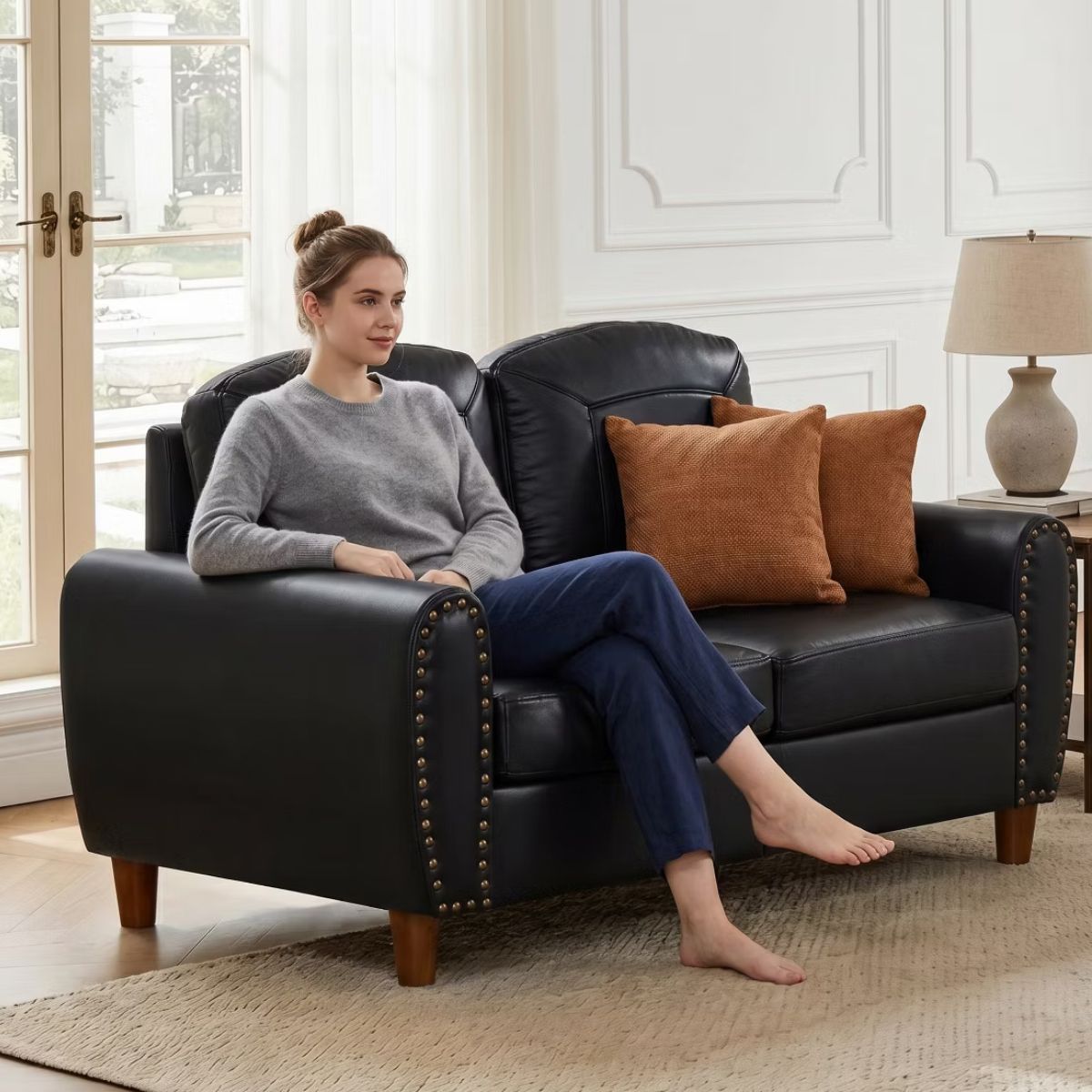 59" Loveseat Sofa with Faux Leather, Rolled Arms & Mid-Century Style