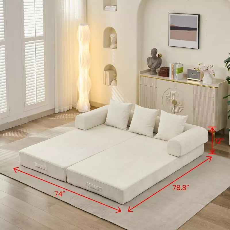 Convertible Chenille Floor Sofa Bed with Foldable Modular Design and Pillows