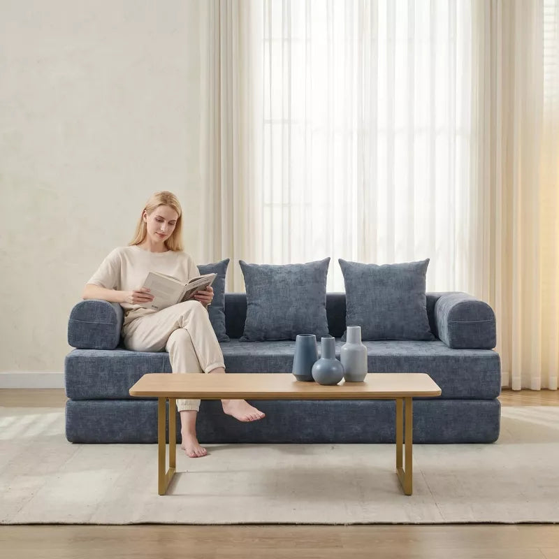 Convertible Chenille Floor Sofa Bed with Foldable Modular Design and Pillows