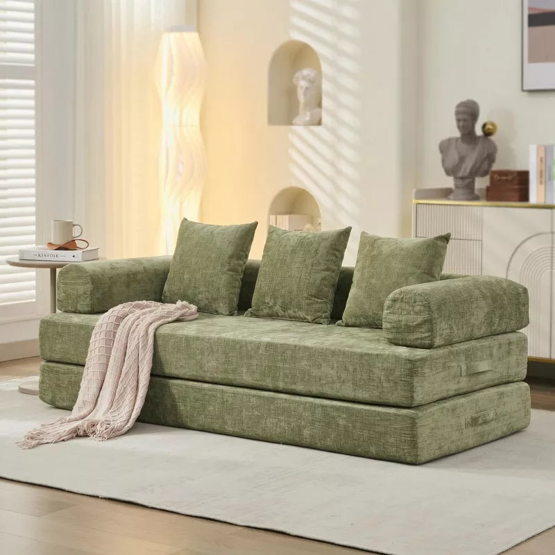 Convertible Chenille Floor Sofa Bed with Foldable Modular Design and Pillows
