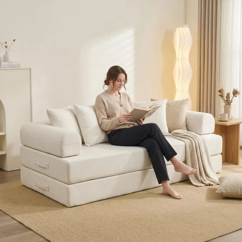 Convertible Chenille Floor Sofa Bed with Foldable Modular Design and Pillows