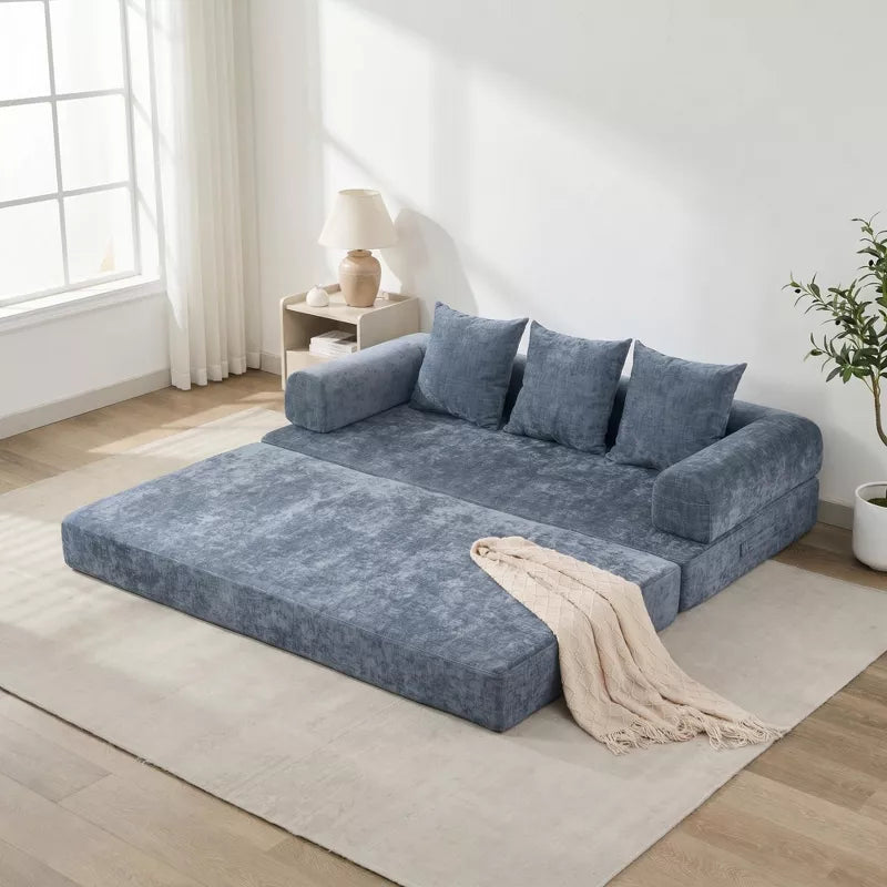 Convertible Chenille Floor Sofa Bed with Foldable Modular Design and Pillows
