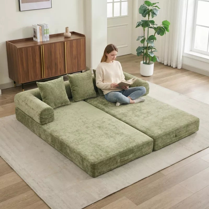 Convertible Chenille Floor Sofa Bed with Foldable Modular Design and Pillows