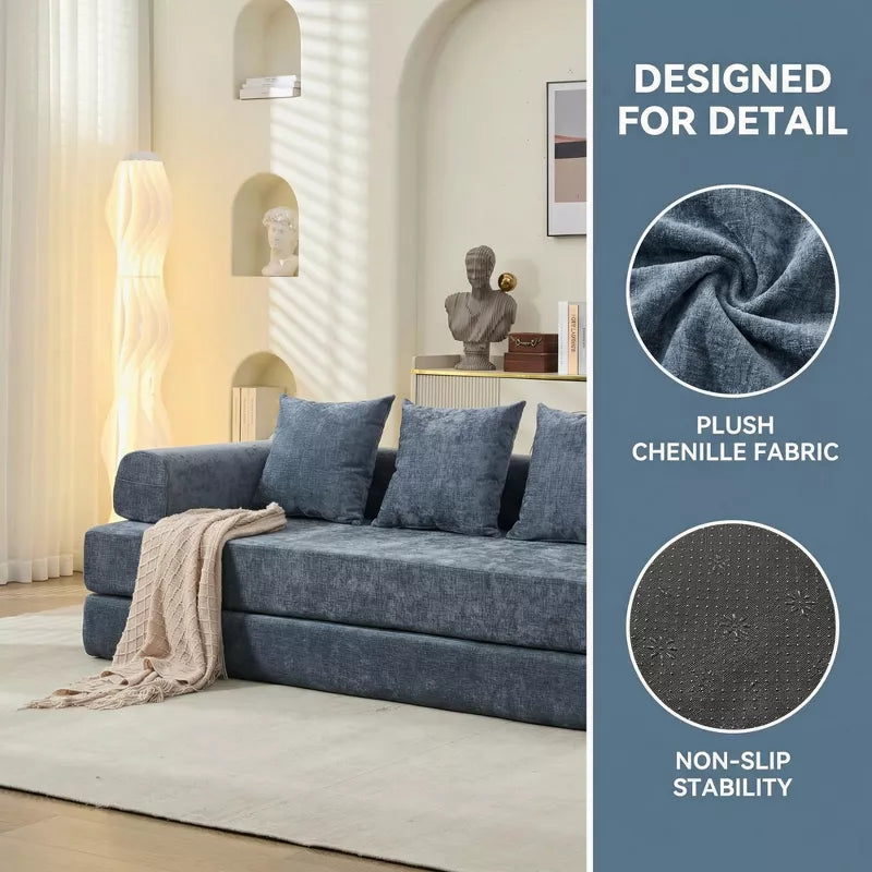 Convertible Chenille Floor Sofa Bed with Foldable Modular Design and Pillows