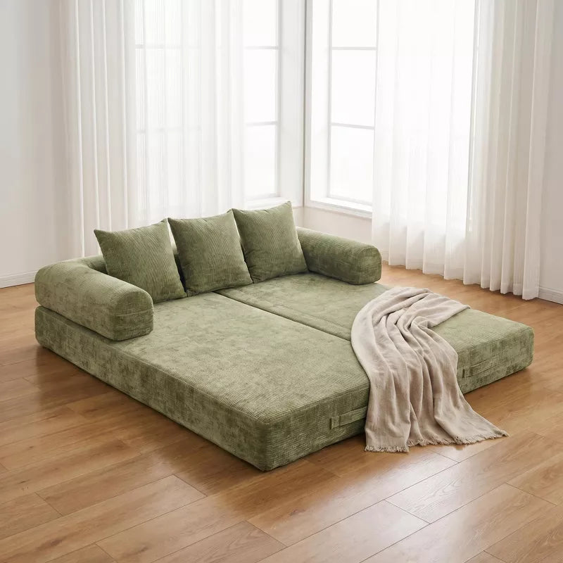 Convertible Chenille Floor Sofa Bed with Foldable Modular Design and Pillows